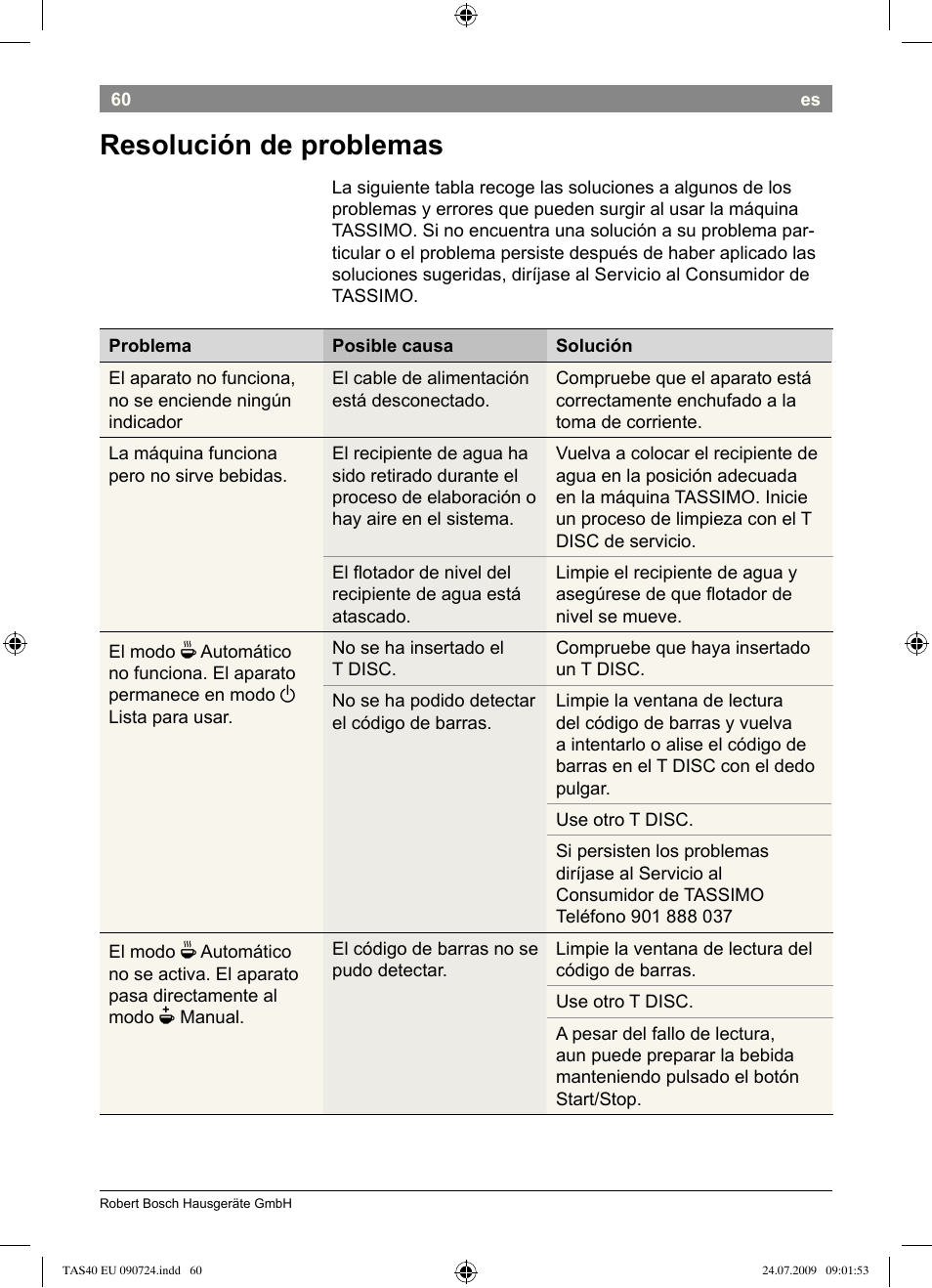 Resolución de problemas | Bosch Multigetränkesystem TAS4011 Silk Silver anthrazit User Manual | Page 62 / 70