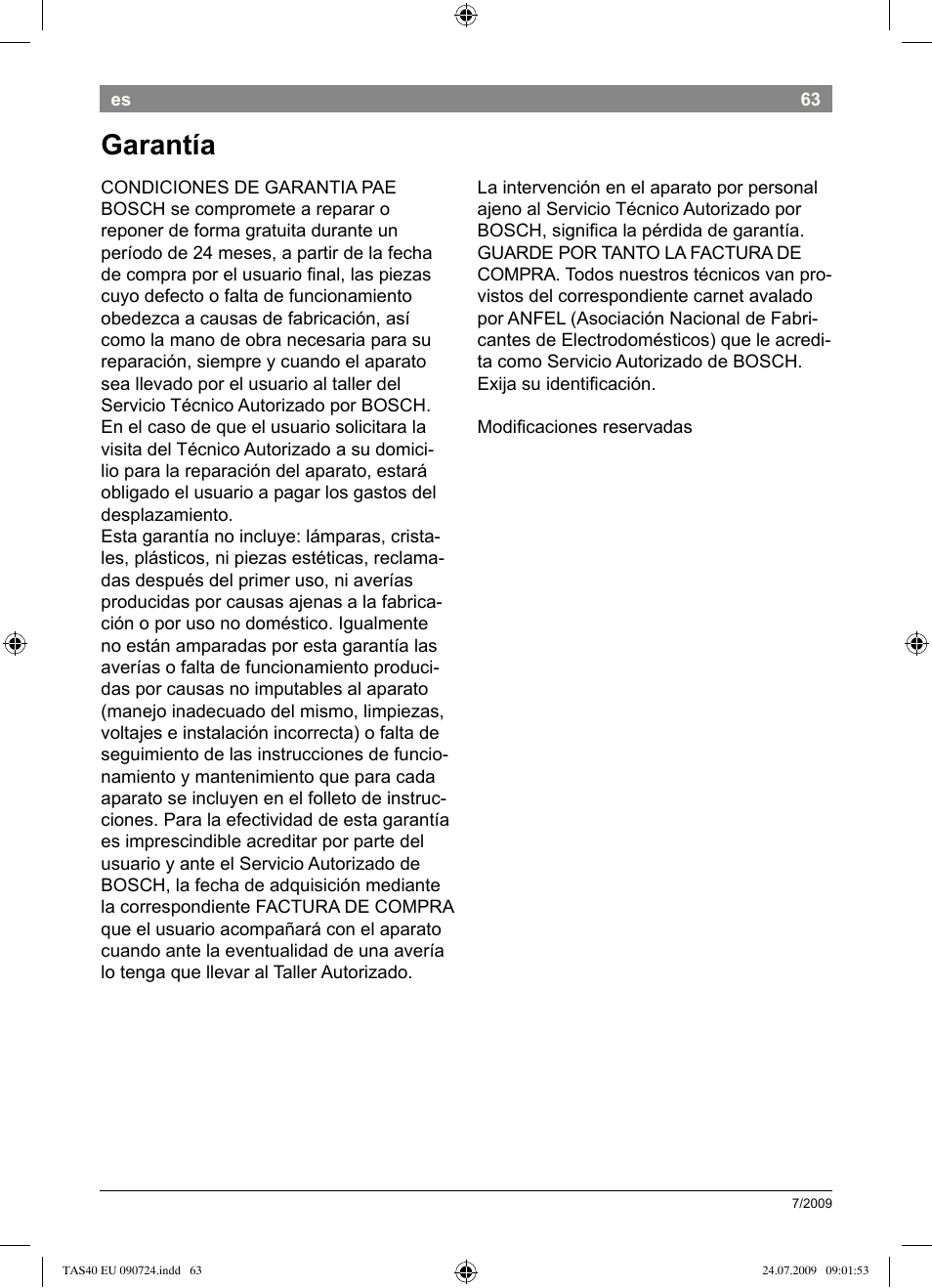 Garantía | Bosch Multigetränkesystem TAS4011 Silk Silver anthrazit User Manual | Page 65 / 70