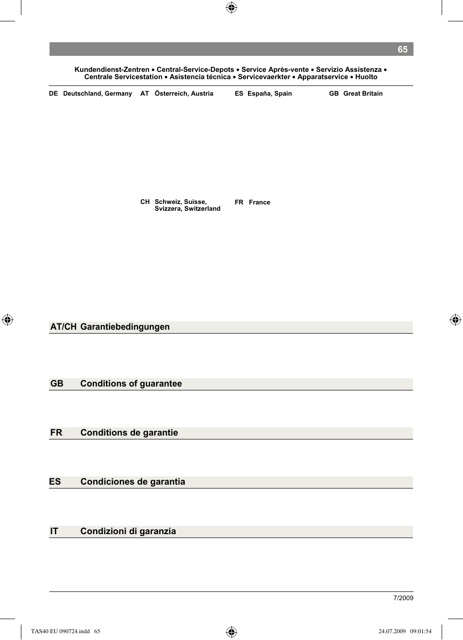 At/ch garantiebedingungen, Gb conditions of guarantee, Fr conditions de garantie | Es condiciones de garantia, It condizioni di garanzia | Bosch Multigetränkesystem TAS4011 Silk Silver anthrazit User Manual | Page 67 / 70