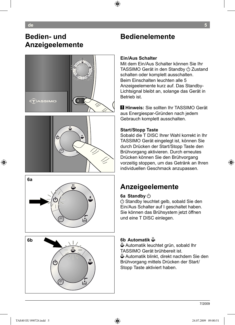 Bedienelemente, Anzeigeelemente, Bedien-.und. anzeigeelemente | Bosch Multigetränkesystem TAS4011 Silk Silver anthrazit User Manual | Page 7 / 70