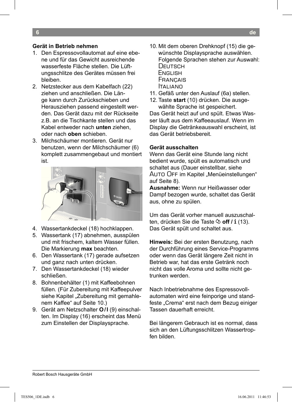 Deutsch english français italiano, Auto off | Bosch TES50658DE VeroCafe LattePro Kaffeevollautomat Dunkles Espressobraun Dark Espresso User Manual | Page 10 / 88