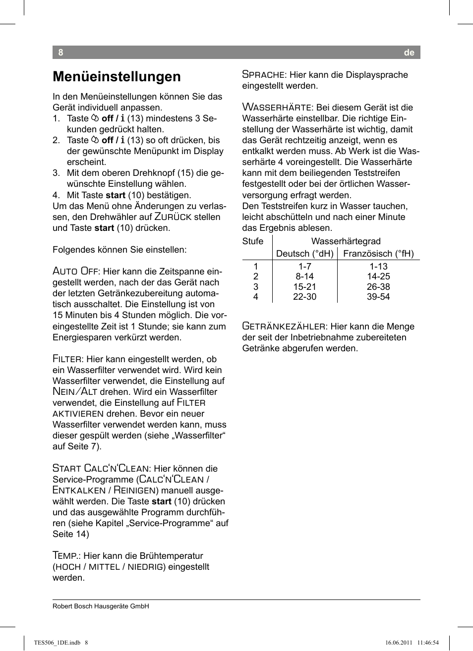 Menüeinstellungen, Zurück, Auto off | Filter, Nein/alt, Filter aktivieren, Start calc‘n‘clean, Calc‘n‘clean, Entkalken, Reinigen | Bosch TES50658DE VeroCafe LattePro Kaffeevollautomat Dunkles Espressobraun Dark Espresso User Manual | Page 12 / 88