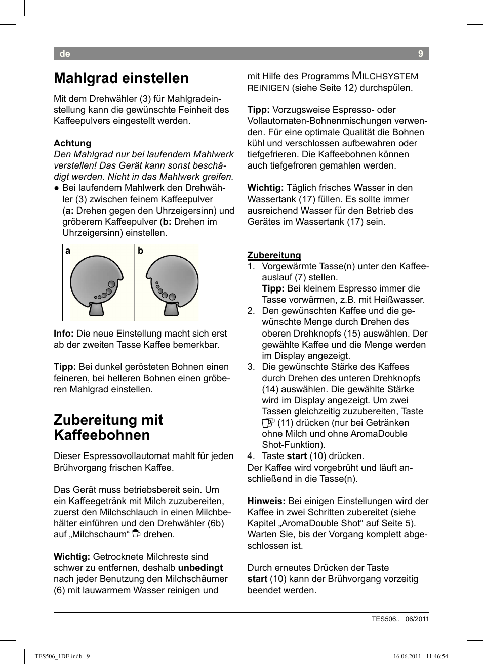 Mahlgrad einstellen, Zubereitung mit kaffeebohnen, Milchsystem reinigen | Bosch TES50658DE VeroCafe LattePro Kaffeevollautomat Dunkles Espressobraun Dark Espresso User Manual | Page 13 / 88