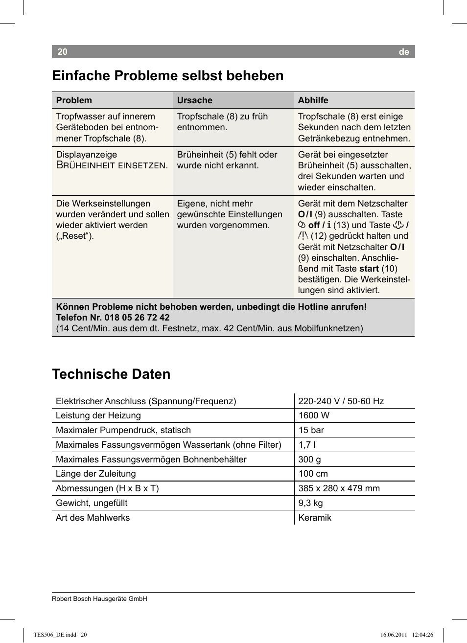 Einfache probleme selbst beheben, Technische daten, Brüheinheit einsetzen | Bosch TES50658DE VeroCafe LattePro Kaffeevollautomat Dunkles Espressobraun Dark Espresso User Manual | Page 24 / 88