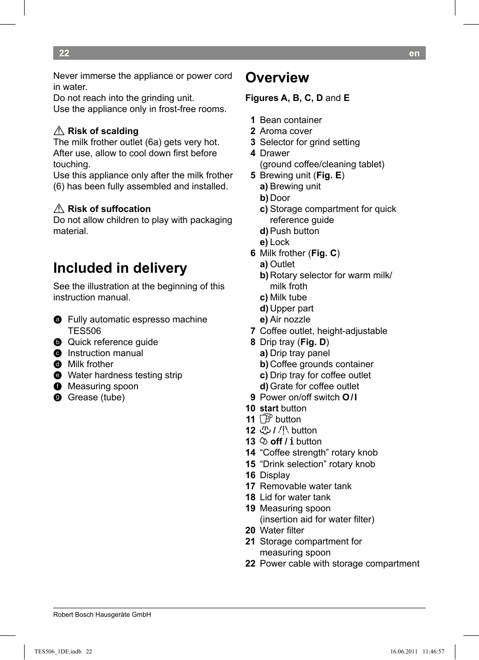 Overview, Included in delivery | Bosch TES50658DE VeroCafe LattePro Kaffeevollautomat Dunkles Espressobraun Dark Espresso User Manual | Page 26 / 88