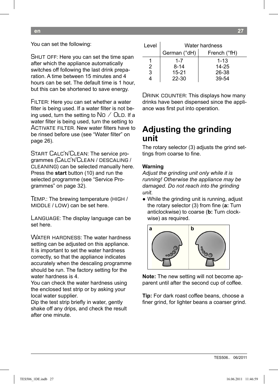 Adjusting the grinding unit, Shut off, Filter | No / old, Activate filter, Start calc‘n‘clean, Calc‘n‘clean, Descaling, Cleaning, Temp | Bosch TES50658DE VeroCafe LattePro Kaffeevollautomat Dunkles Espressobraun Dark Espresso User Manual | Page 31 / 88