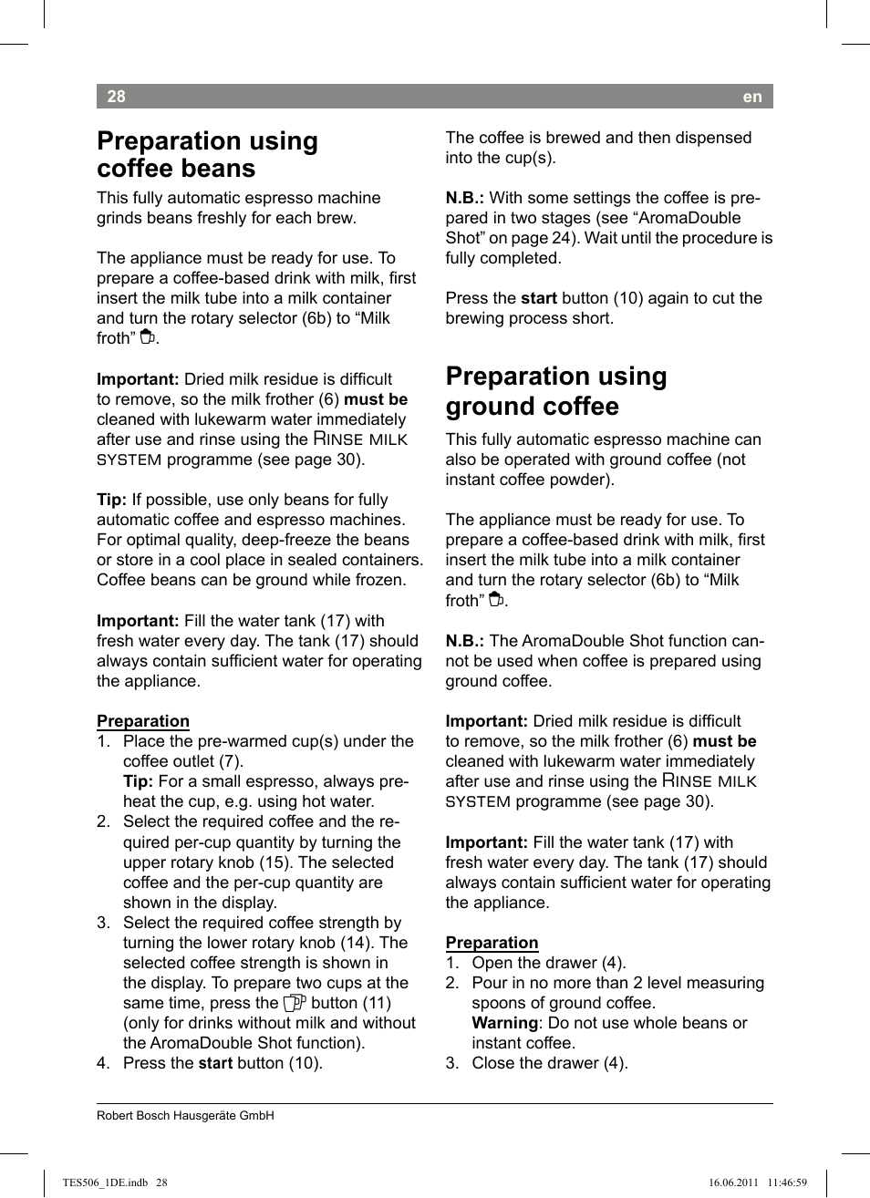 Preparation using coffee beans, Preparation using ground coffee, Rinse milk system | Bosch TES50658DE VeroCafe LattePro Kaffeevollautomat Dunkles Espressobraun Dark Espresso User Manual | Page 32 / 88