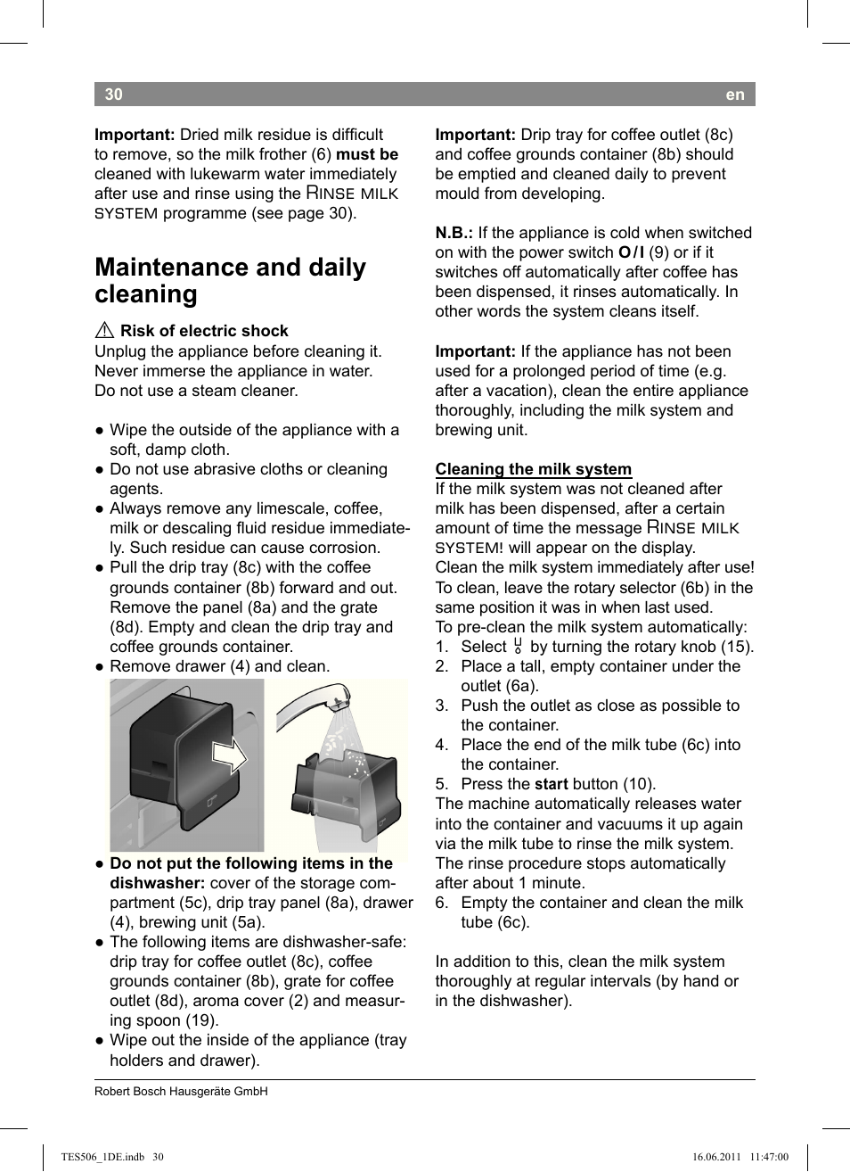 Maintenance and daily cleaning, Rinse milk system | Bosch TES50658DE VeroCafe LattePro Kaffeevollautomat Dunkles Espressobraun Dark Espresso User Manual | Page 34 / 88