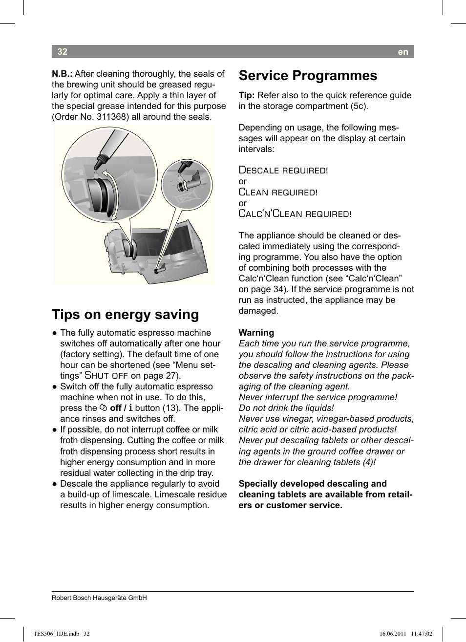 Tips on energy saving, Service programmes, Shut off | Descale required, Clean required, Calc‘n‘clean required | Bosch TES50658DE VeroCafe LattePro Kaffeevollautomat Dunkles Espressobraun Dark Espresso User Manual | Page 36 / 88