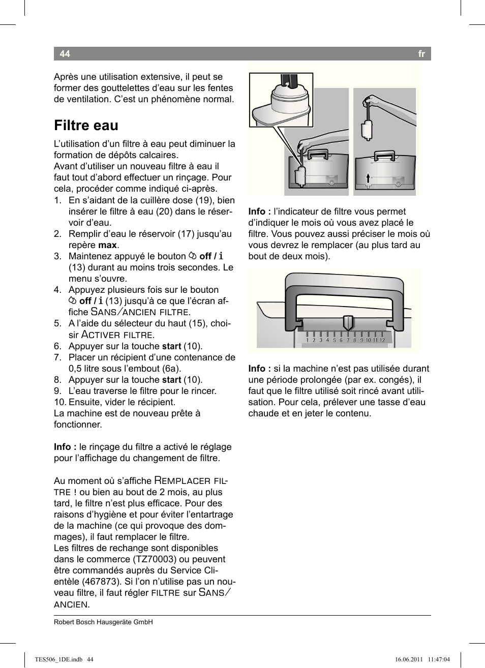 Filtre eau, Sans/ancien filtre, Activer filtre | Remplacer fil- tre, Filtre, Sans/ ancien | Bosch TES50658DE VeroCafe LattePro Kaffeevollautomat Dunkles Espressobraun Dark Espresso User Manual | Page 48 / 88