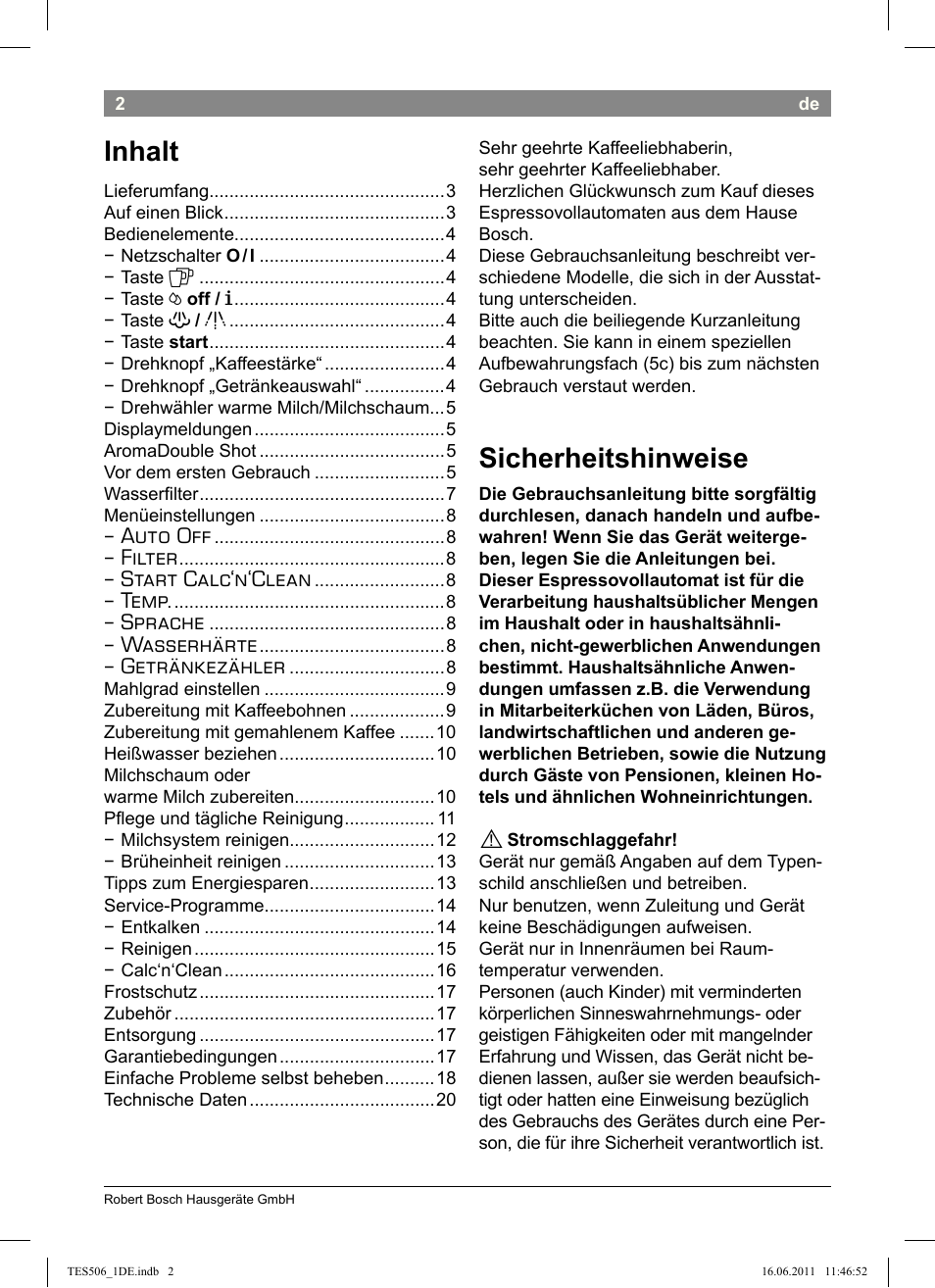 Sicherheitshinweise, Inhalt, Auto off | Filter, Start calc‘n‘clean, Temp, Sprache, Wasserhärte, Getränkezähler | Bosch TES50658DE VeroCafe LattePro Kaffeevollautomat Dunkles Espressobraun Dark Espresso User Manual | Page 6 / 88