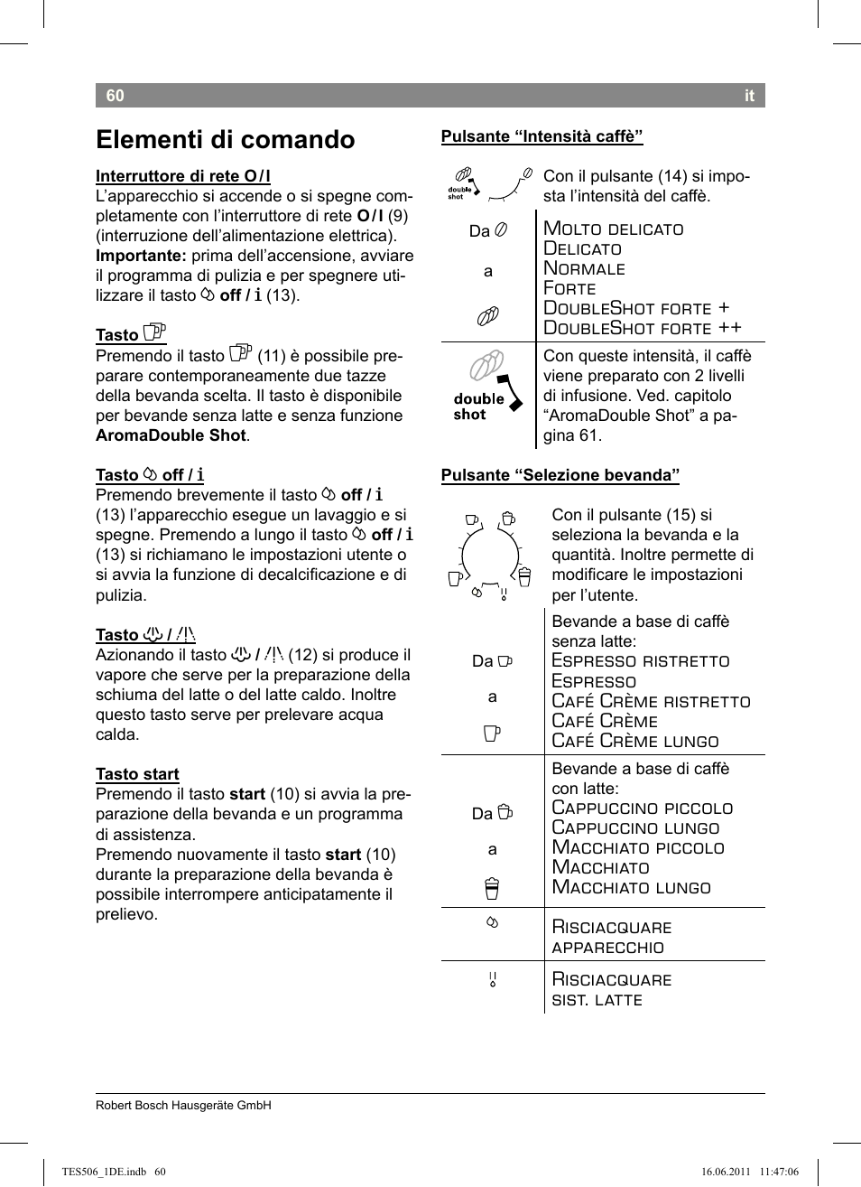 Elementi di comando | Bosch TES50658DE VeroCafe LattePro Kaffeevollautomat Dunkles Espressobraun Dark Espresso User Manual | Page 64 / 88