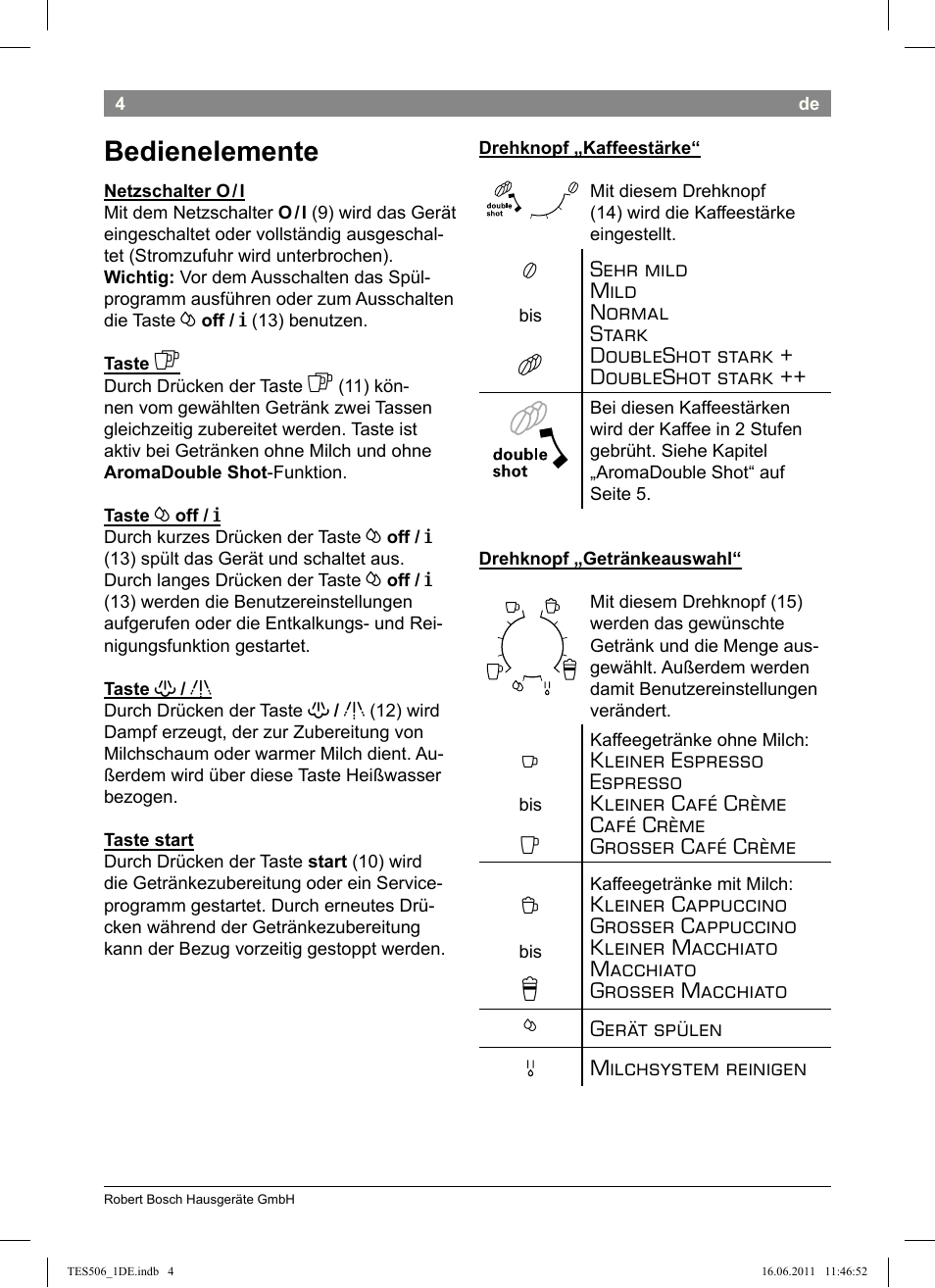 Bedienelemente | Bosch TES50658DE VeroCafe LattePro Kaffeevollautomat Dunkles Espressobraun Dark Espresso User Manual | Page 8 / 88