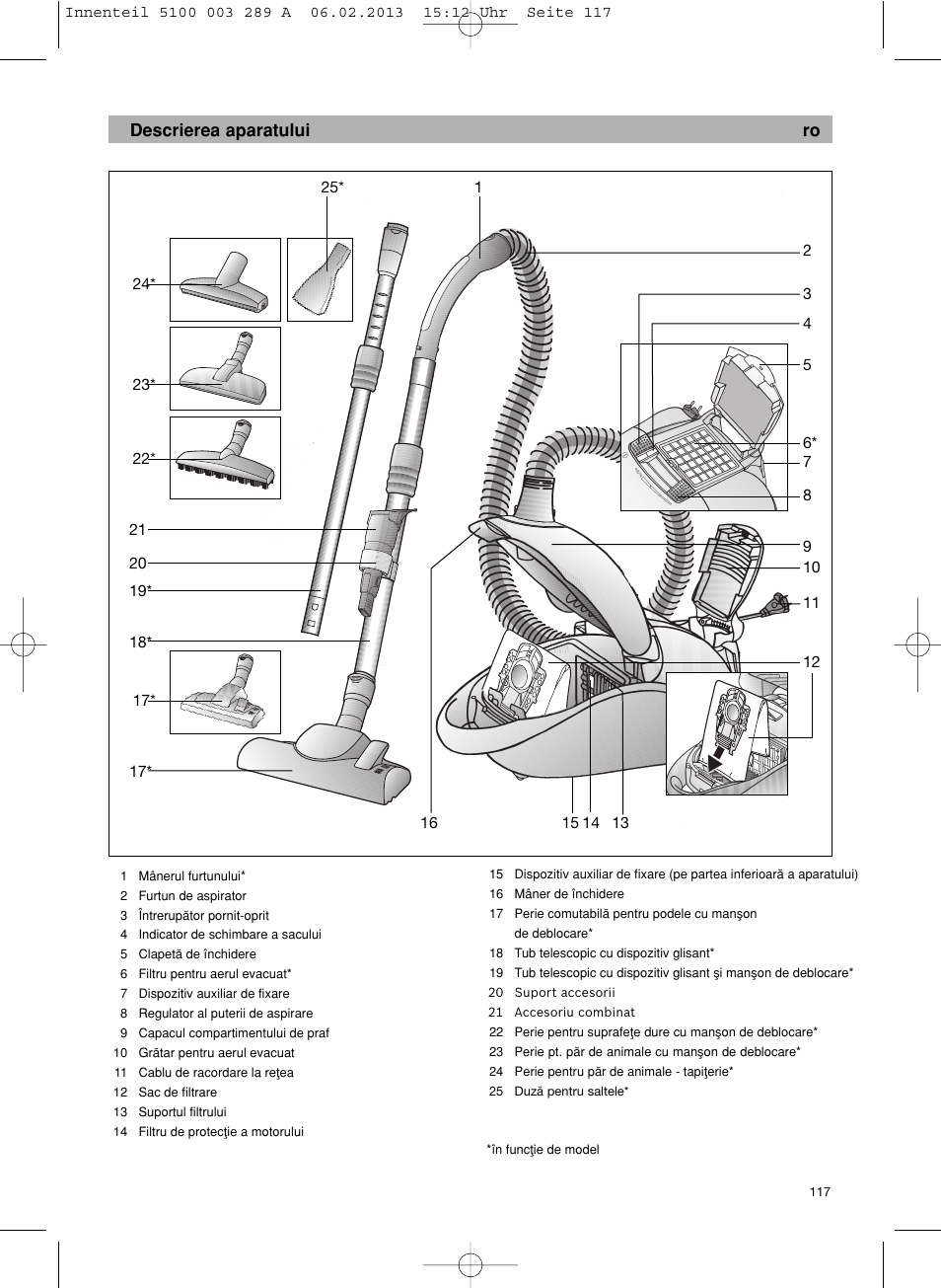 Descrierea aparatului ro | Bosch BSG82502 kirschrot-metallic Bodenstaubsauger Beutel ergomaxx pro. hard floor 2500 User Manual | Page 118 / 151