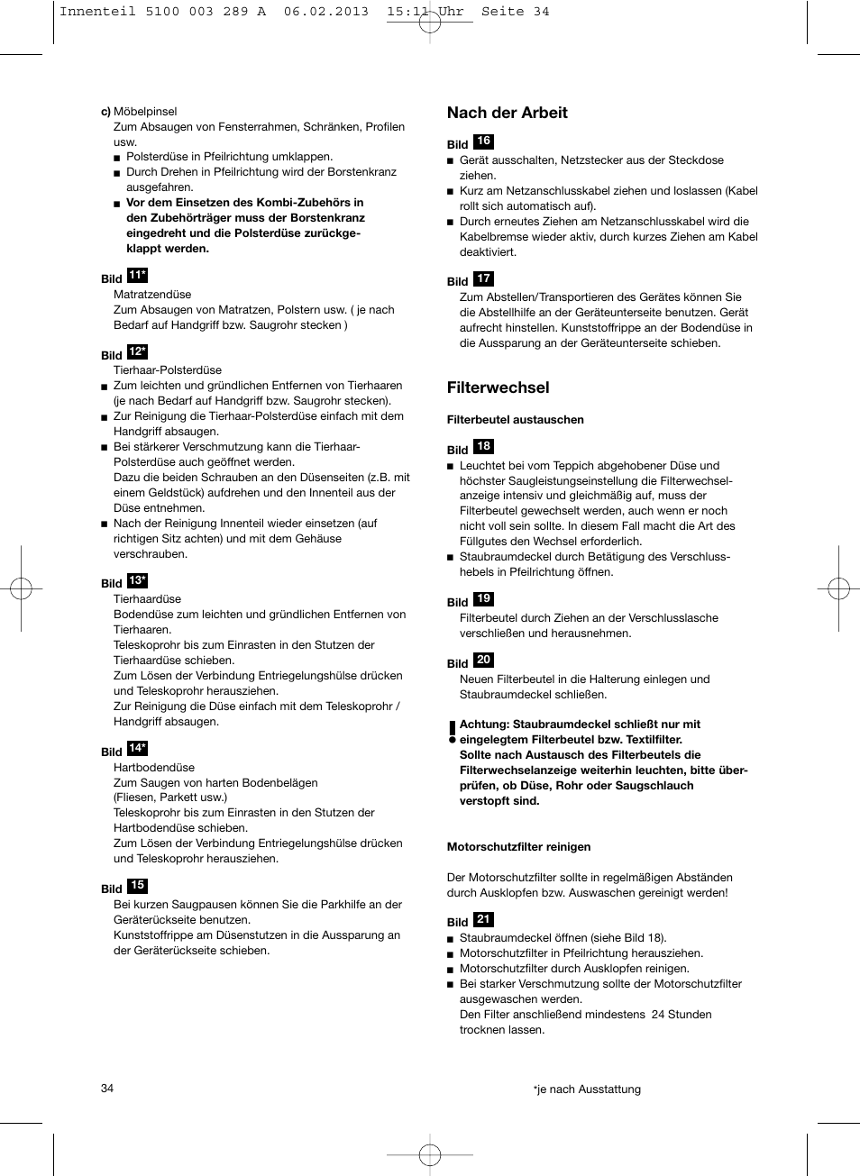 Nach der arbeit, Filterwechsel | Bosch BSG82502 kirschrot-metallic Bodenstaubsauger Beutel ergomaxx pro. hard floor 2500 User Manual | Page 35 / 151