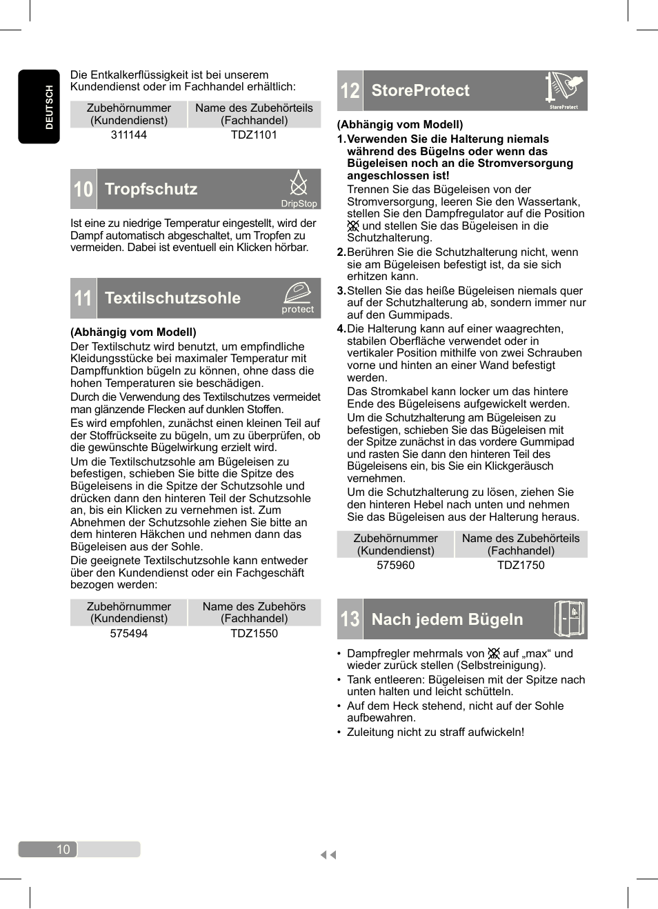 Storeprotect, Nach jedem bügeln, Tropfschutz | Textilschutzsohle | Bosch Dampfbügeleisen Sensixx´x DA70 i-Temp TDA703021I anthrazit magic violet User Manual | Page 10 / 140