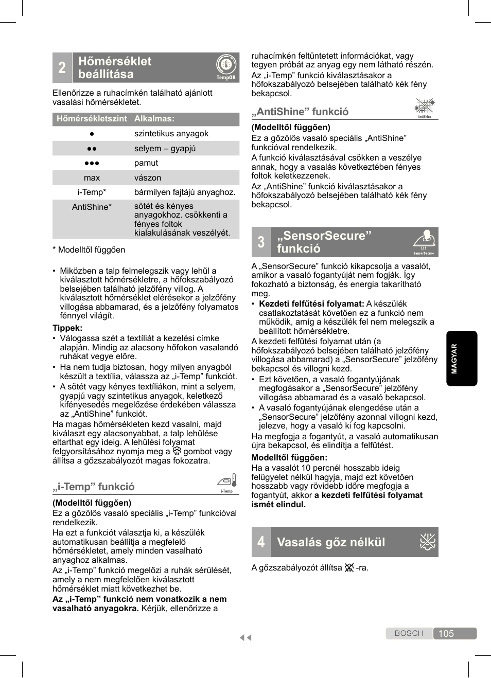 Sensorsecure” funkció, Vasalás gőz nélkül, Hőmérséklet beállítása | Bosch Dampfbügeleisen Sensixx´x DA70 i-Temp TDA703021I anthrazit magic violet User Manual | Page 105 / 140