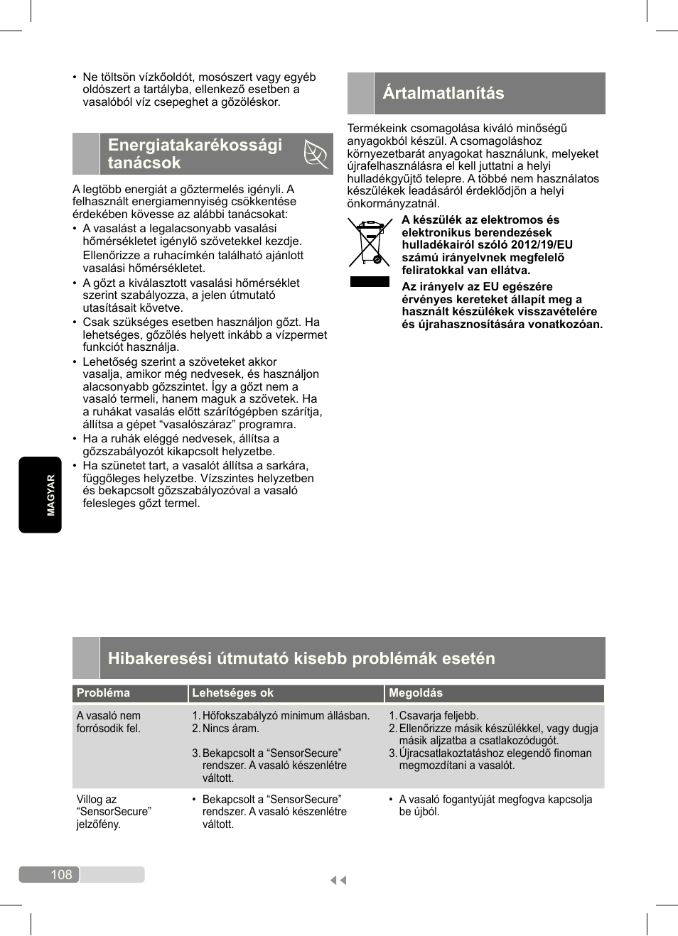 Hibakeresési útmutató kisebb problémák esetén, Energiatakarékossági tanácsok, Ártalmatlanítás | Bosch Dampfbügeleisen Sensixx´x DA70 i-Temp TDA703021I anthrazit magic violet User Manual | Page 108 / 140