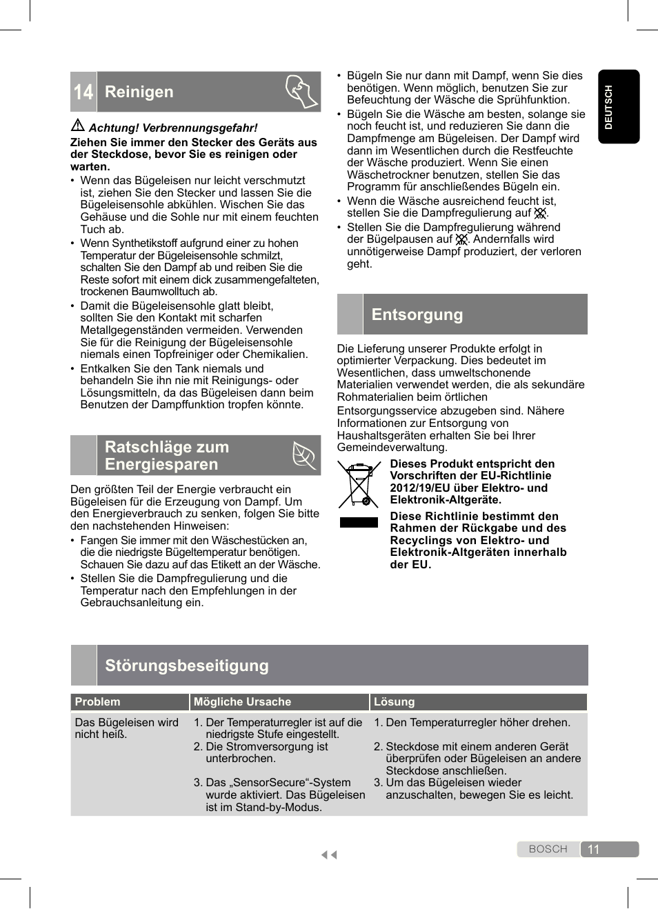 Reinigen, Ratschläge zum energiesparen, Entsorgung | Störungsbeseitigung | Bosch Dampfbügeleisen Sensixx´x DA70 i-Temp TDA703021I anthrazit magic violet User Manual | Page 11 / 140