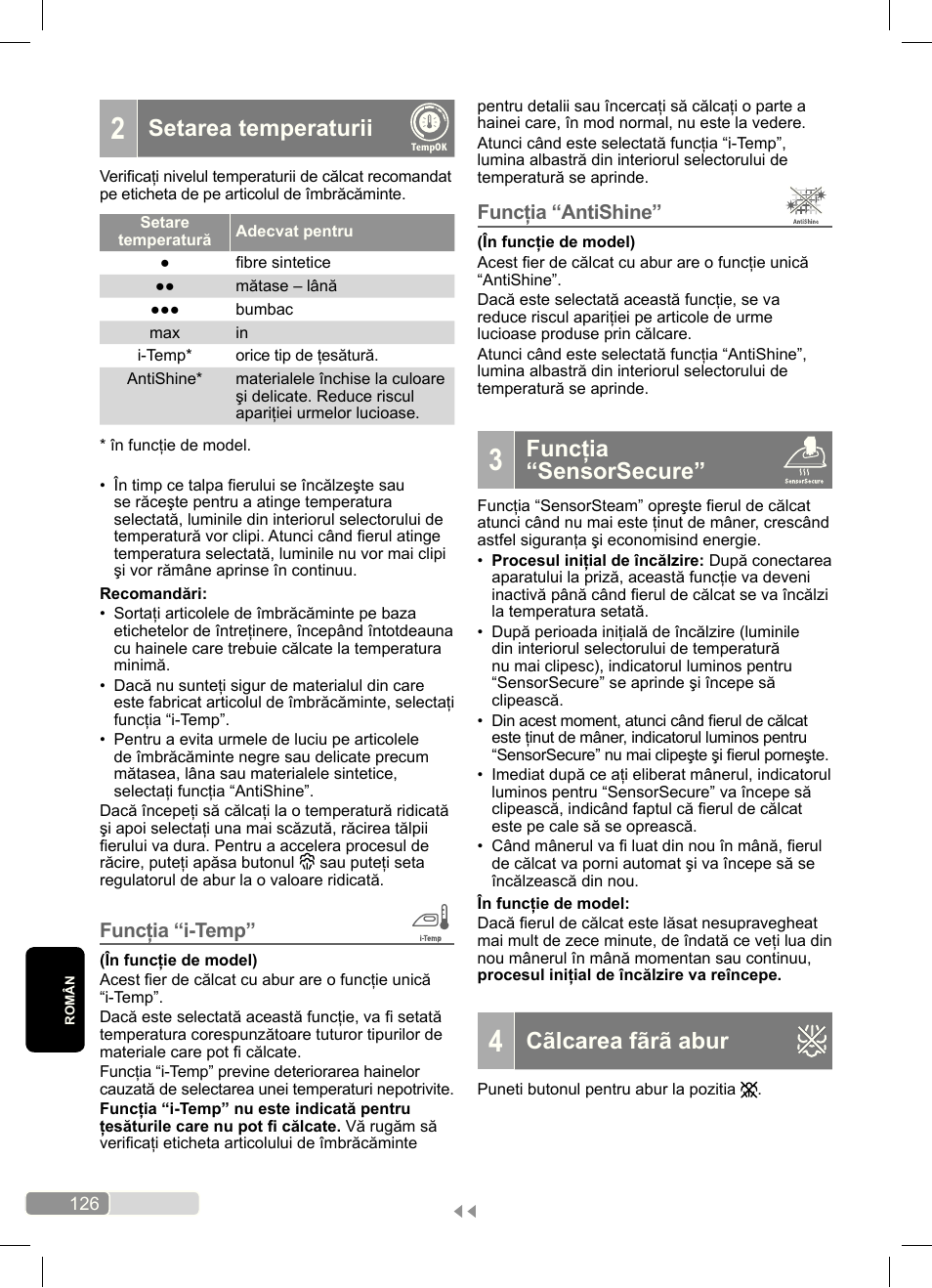 Funcţia “sensorsecure, Cãlcarea fãrã abur, Setarea temperaturii | Funcţia “antishine, Funcţia “i-temp | Bosch Dampfbügeleisen Sensixx´x DA70 i-Temp TDA703021I anthrazit magic violet User Manual | Page 126 / 140