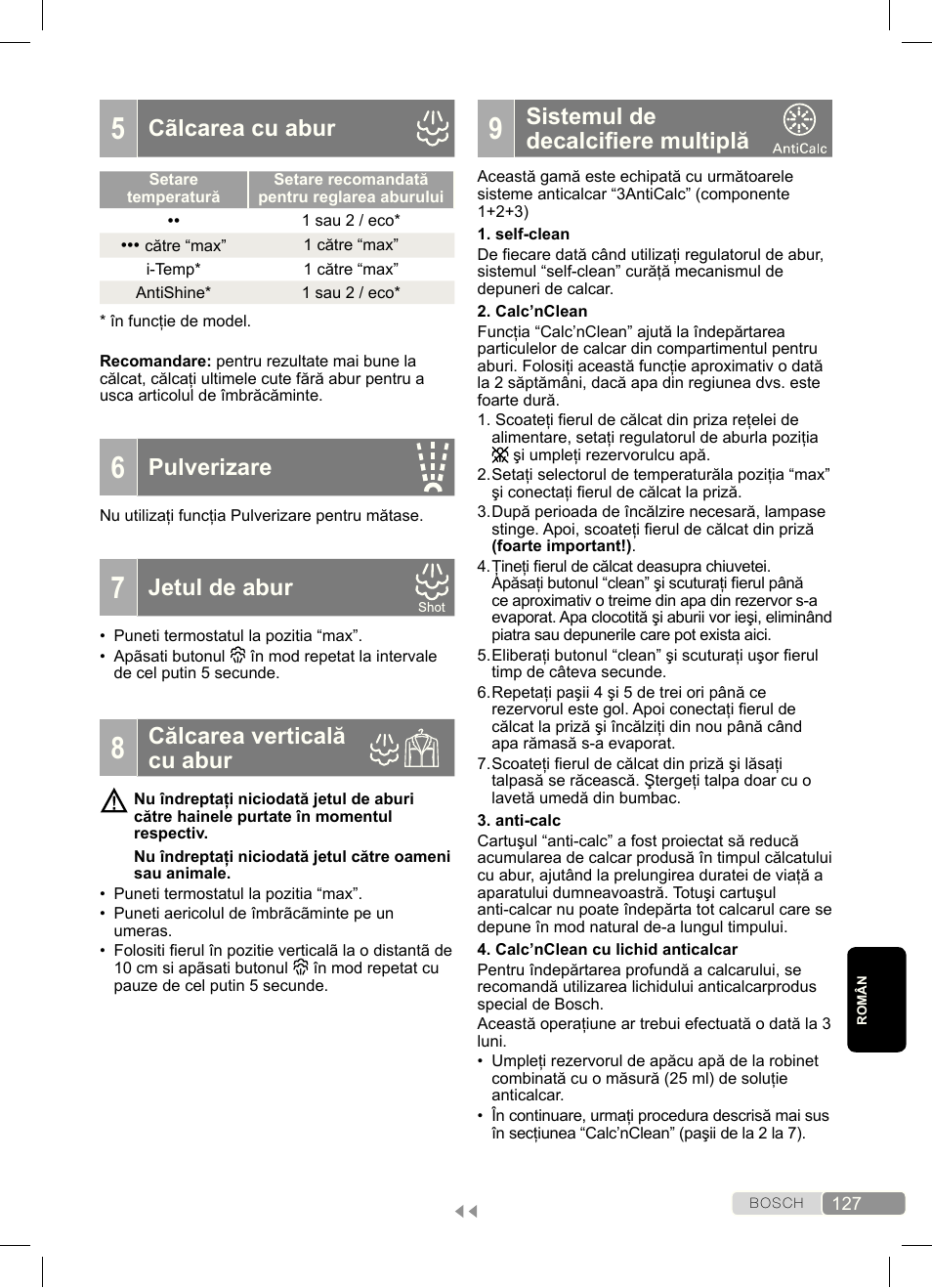 Sistemul de decalciiere multiplă, Cãlcarea cu abur, Pulverizare | Jetul de abur, Călcarea verticală cu abur | Bosch Dampfbügeleisen Sensixx´x DA70 i-Temp TDA703021I anthrazit magic violet User Manual | Page 127 / 140