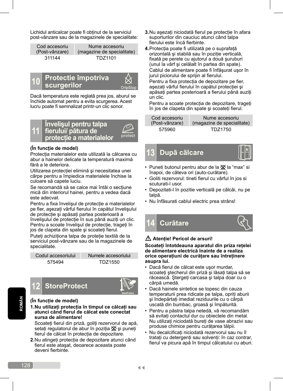 Dupã cãlcare, Curãtare, Protectie împotriva scurgerilor | Storeprotect | Bosch Dampfbügeleisen Sensixx´x DA70 i-Temp TDA703021I anthrazit magic violet User Manual | Page 128 / 140