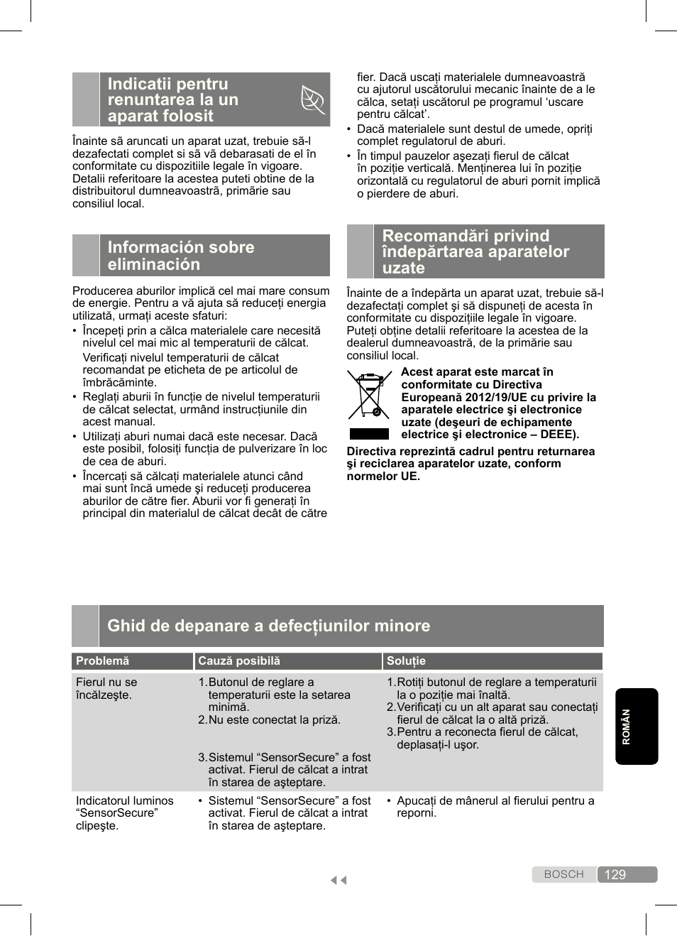 Indicatii pentru renuntarea la un aparat folosit, Información sobre eliminación, Recomandări privind îndepărtarea aparatelor uzate | Ghid de depanare a defecţiunilor minore | Bosch Dampfbügeleisen Sensixx´x DA70 i-Temp TDA703021I anthrazit magic violet User Manual | Page 129 / 140