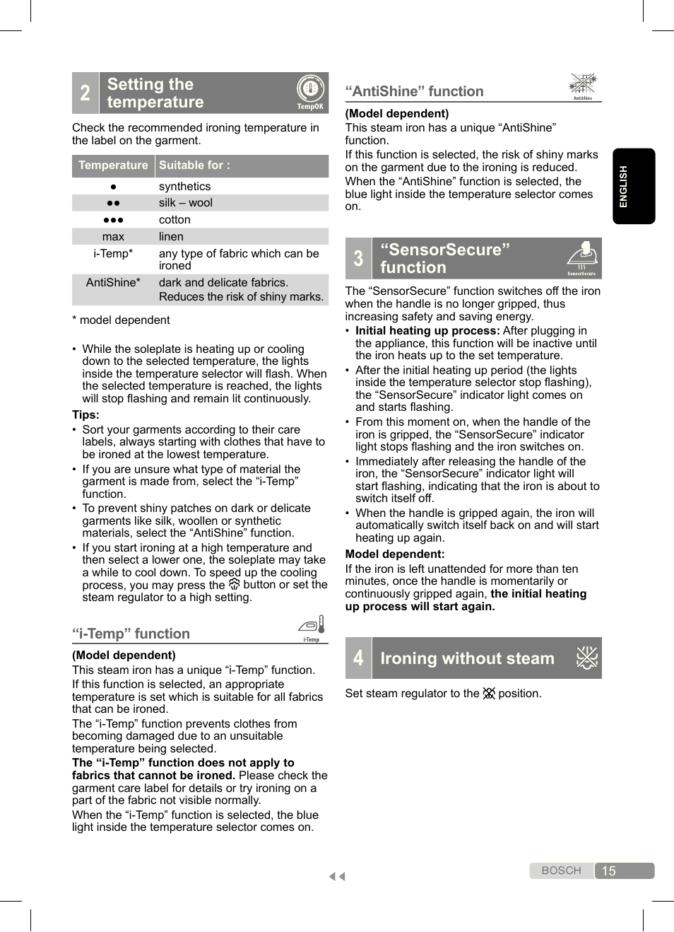 Setting the temperature, Sensorsecure” function, Ironing without steam | Bosch Dampfbügeleisen Sensixx´x DA70 i-Temp TDA703021I anthrazit magic violet User Manual | Page 15 / 140