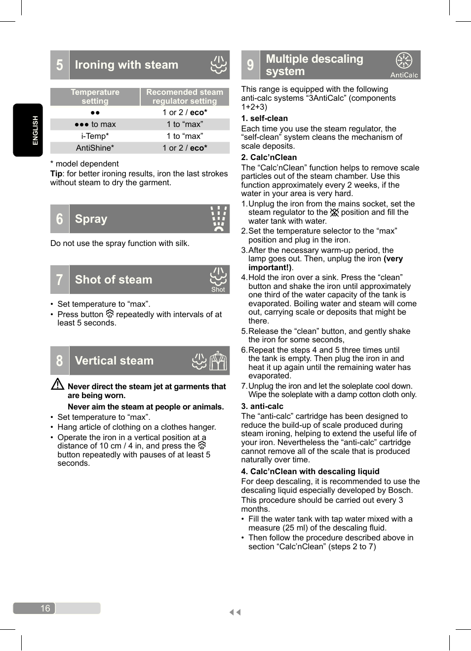 Ironing with steam, Spray, Shot of steam | Vertical steam, Multiple descaling system | Bosch Dampfbügeleisen Sensixx´x DA70 i-Temp TDA703021I anthrazit magic violet User Manual | Page 16 / 140