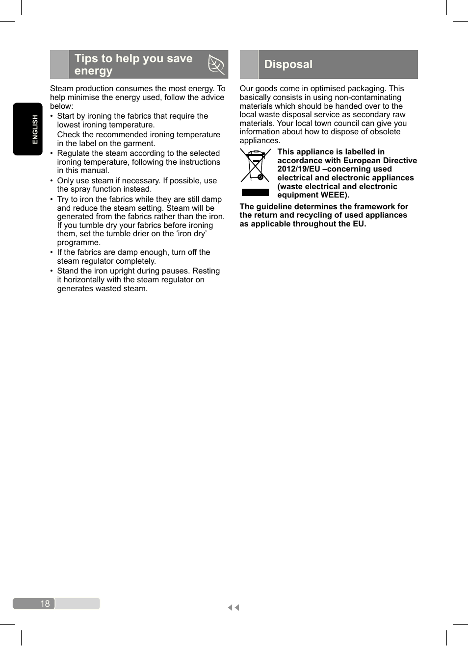 Tips to help you save energy, Disposal | Bosch Dampfbügeleisen Sensixx´x DA70 i-Temp TDA703021I anthrazit magic violet User Manual | Page 18 / 140