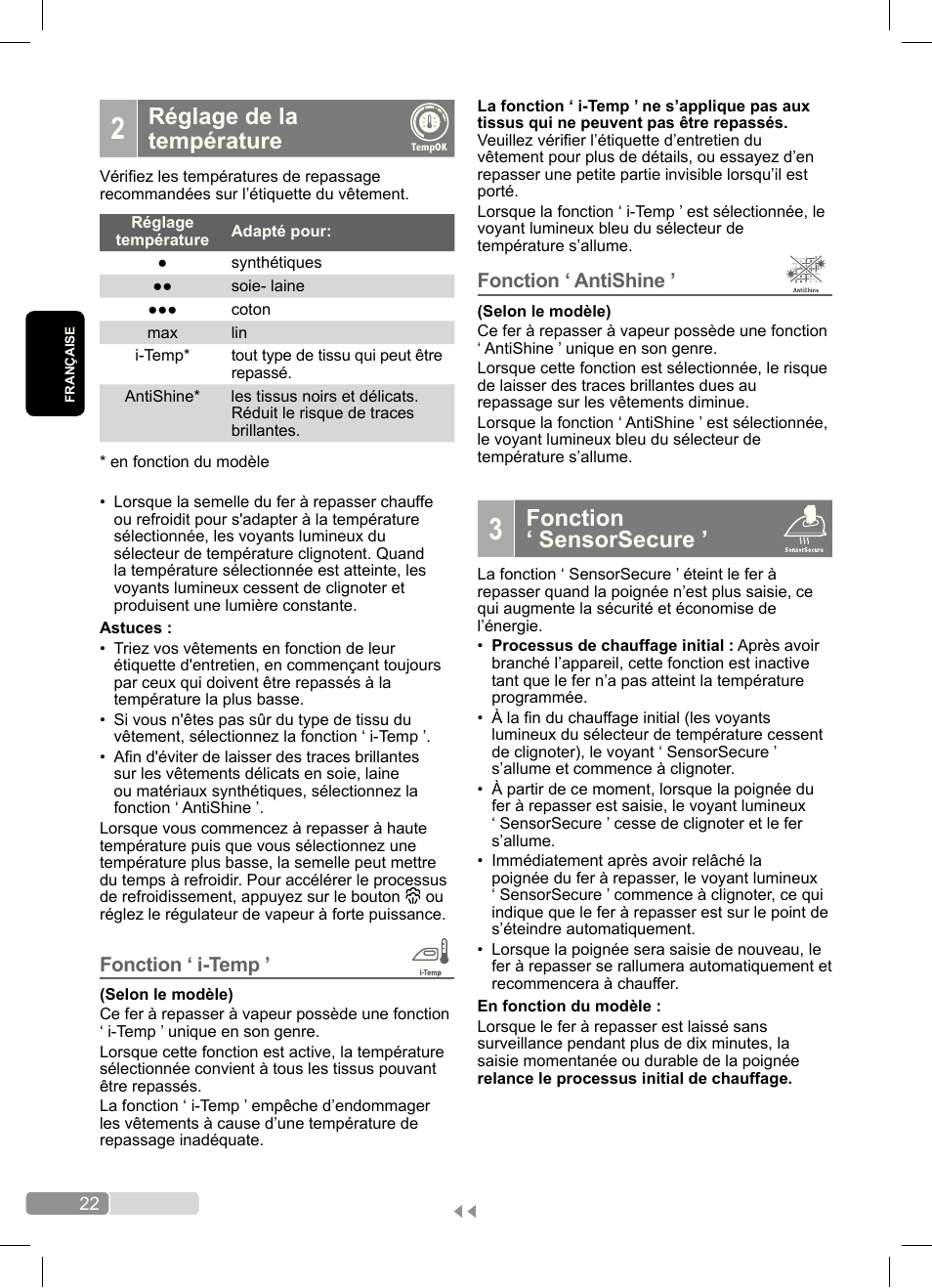 Réglage de la température, Fonction ‘ sensorsecure, Fonction ‘ i-temp | Fonction ‘ antishine | Bosch Dampfbügeleisen Sensixx´x DA70 i-Temp TDA703021I anthrazit magic violet User Manual | Page 22 / 140