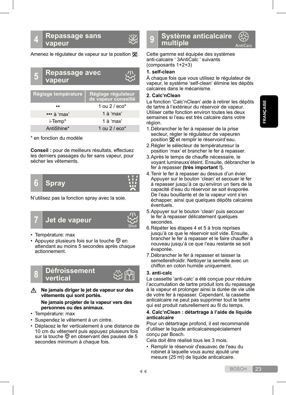 Repassage sans vapeur, Repassage avec vapeur, Spray | Jet de vapeur, Défroissement vertical, Système anticalcaire multiple | Bosch Dampfbügeleisen Sensixx´x DA70 i-Temp TDA703021I anthrazit magic violet User Manual | Page 23 / 140