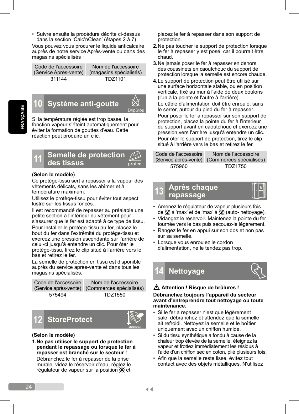 Système anti-goutte, Semelle de protection des tissus, Storeprotect | Après chaque repassage, Nettoyage | Bosch Dampfbügeleisen Sensixx´x DA70 i-Temp TDA703021I anthrazit magic violet User Manual | Page 24 / 140