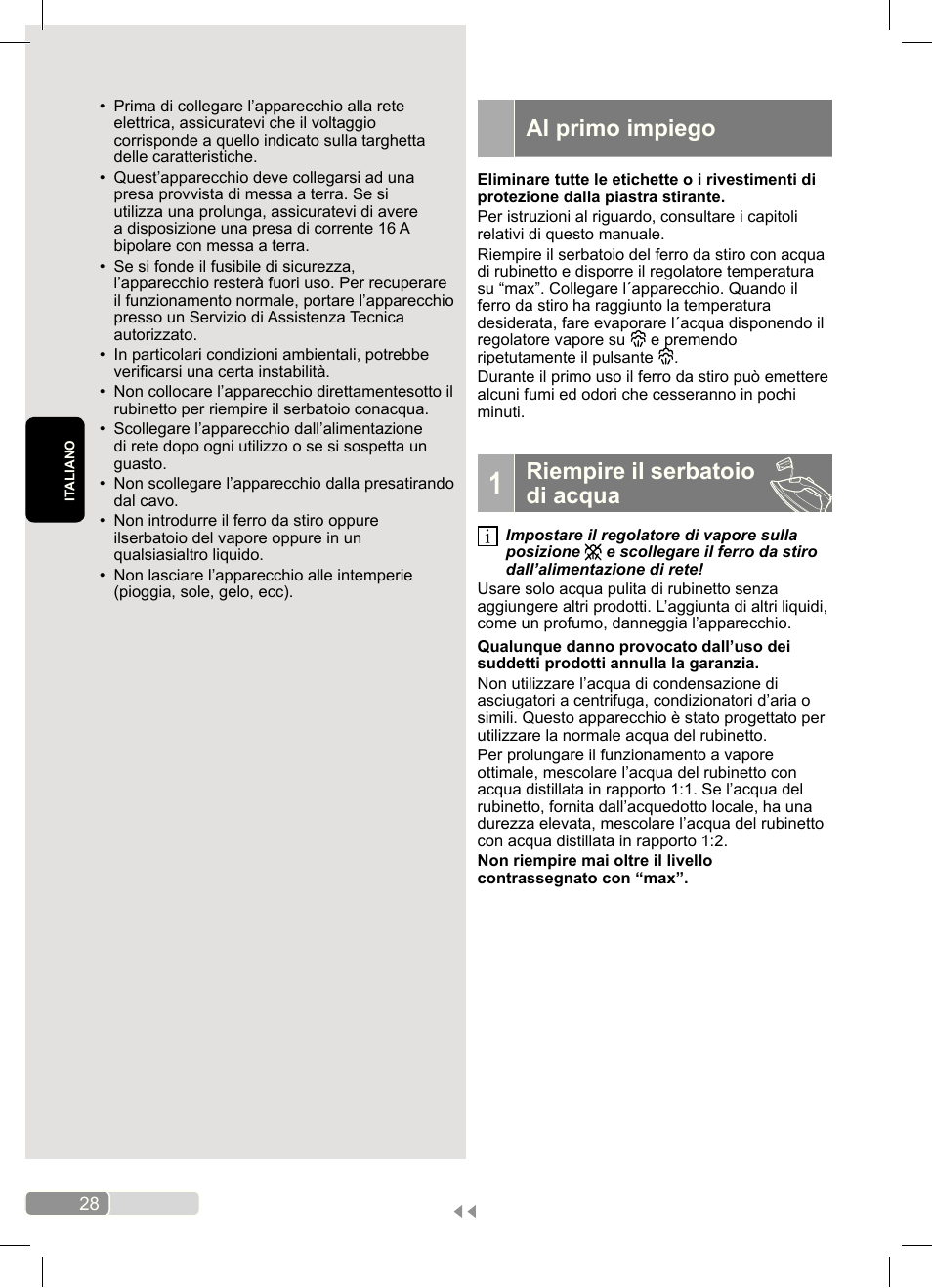 Al primo impiego, Riempire il serbatoio di acqua | Bosch Dampfbügeleisen Sensixx´x DA70 i-Temp TDA703021I anthrazit magic violet User Manual | Page 28 / 140