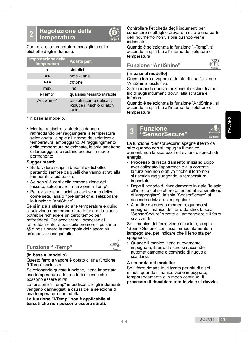 Funzione “sensorsecure, Regolazione della temperatura, Funzione “antishine | Funzione “i-temp | Bosch Dampfbügeleisen Sensixx´x DA70 i-Temp TDA703021I anthrazit magic violet User Manual | Page 29 / 140