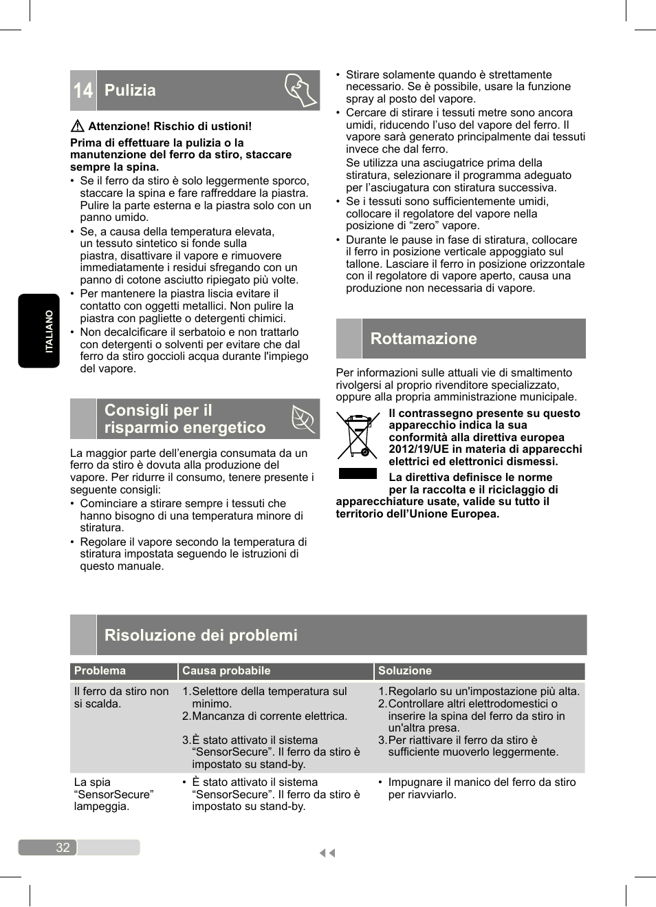 Risoluzione dei problemi, Pulizia, Consigli per il risparmio energetico | Rottamazione | Bosch Dampfbügeleisen Sensixx´x DA70 i-Temp TDA703021I anthrazit magic violet User Manual | Page 32 / 140