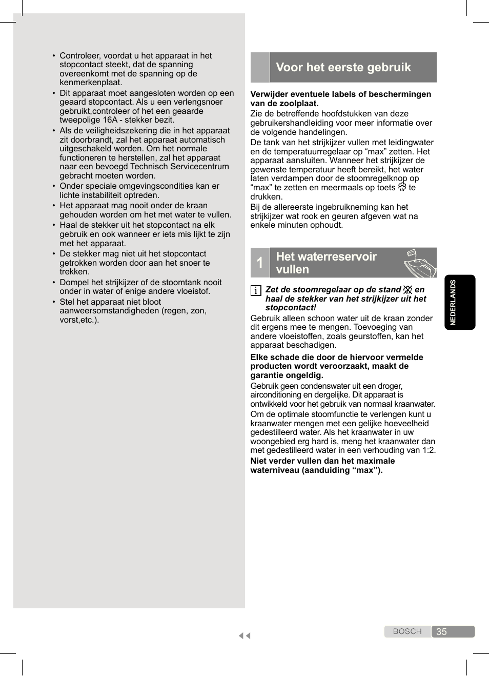 Voor het eerste gebruik, Het waterreservoir vullen | Bosch Dampfbügeleisen Sensixx´x DA70 i-Temp TDA703021I anthrazit magic violet User Manual | Page 35 / 140