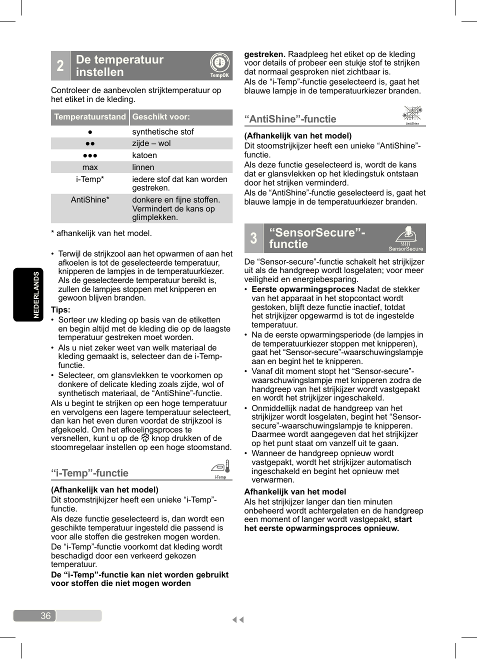 Sensorsecure”- functie, De temperatuur instellen, Antishine”-functie | I-temp”-functie | Bosch Dampfbügeleisen Sensixx´x DA70 i-Temp TDA703021I anthrazit magic violet User Manual | Page 36 / 140