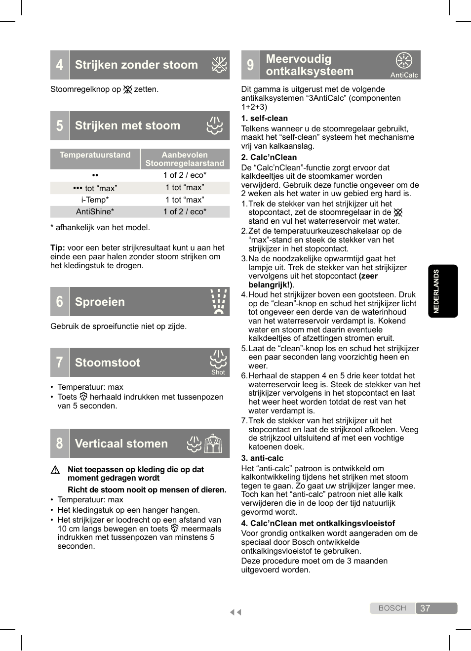 Meervoudig ontkalksysteem, Strijken zonder stoom, Strijken met stoom | Sproeien, Stoomstoot, Verticaal stomen | Bosch Dampfbügeleisen Sensixx´x DA70 i-Temp TDA703021I anthrazit magic violet User Manual | Page 37 / 140