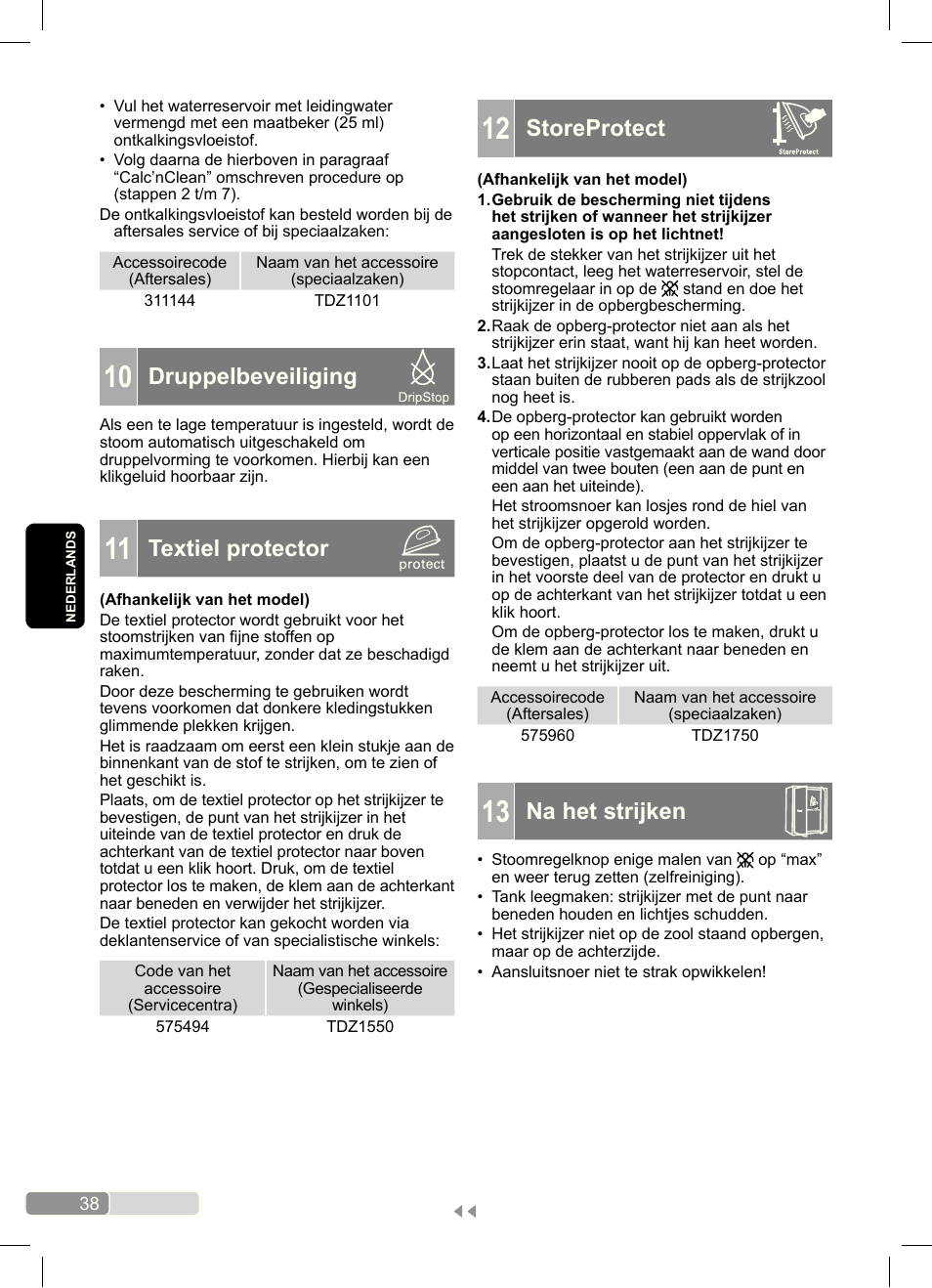 Storeprotect, Na het strijken, Druppelbeveiliging | Textiel protector | Bosch Dampfbügeleisen Sensixx´x DA70 i-Temp TDA703021I anthrazit magic violet User Manual | Page 38 / 140