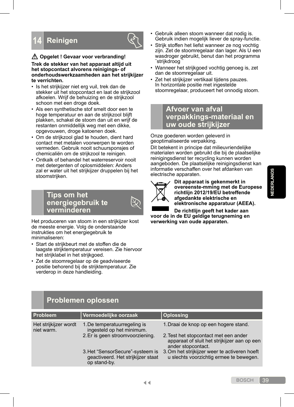 Problemen oplossen, Reinigen, Tips om het energiegebruik te verminderen | Bosch Dampfbügeleisen Sensixx´x DA70 i-Temp TDA703021I anthrazit magic violet User Manual | Page 39 / 140