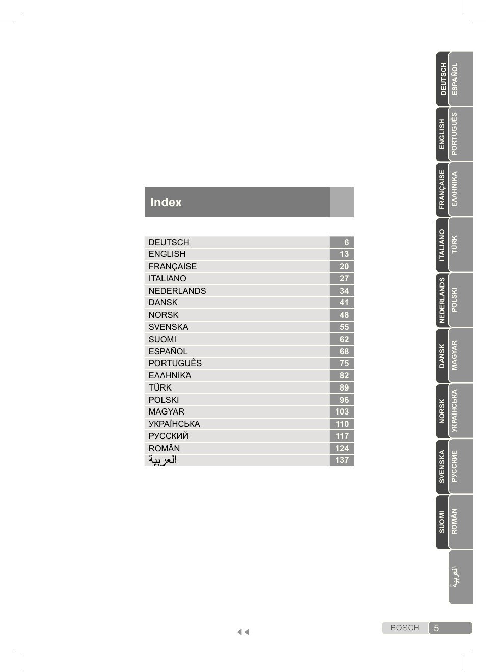 Index, ةيب رع لا | Bosch Dampfbügeleisen Sensixx´x DA70 i-Temp TDA703021I anthrazit magic violet User Manual | Page 5 / 140