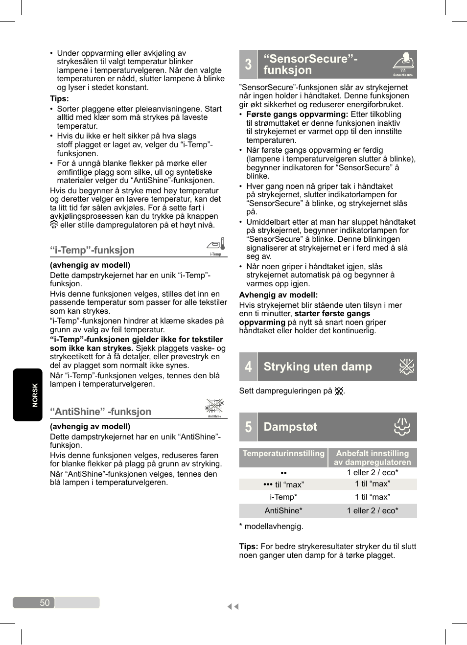 Sensorsecure”- funksjon, Stryking uten damp, Dampstøt | Bosch Dampfbügeleisen Sensixx´x DA70 i-Temp TDA703021I anthrazit magic violet User Manual | Page 50 / 140