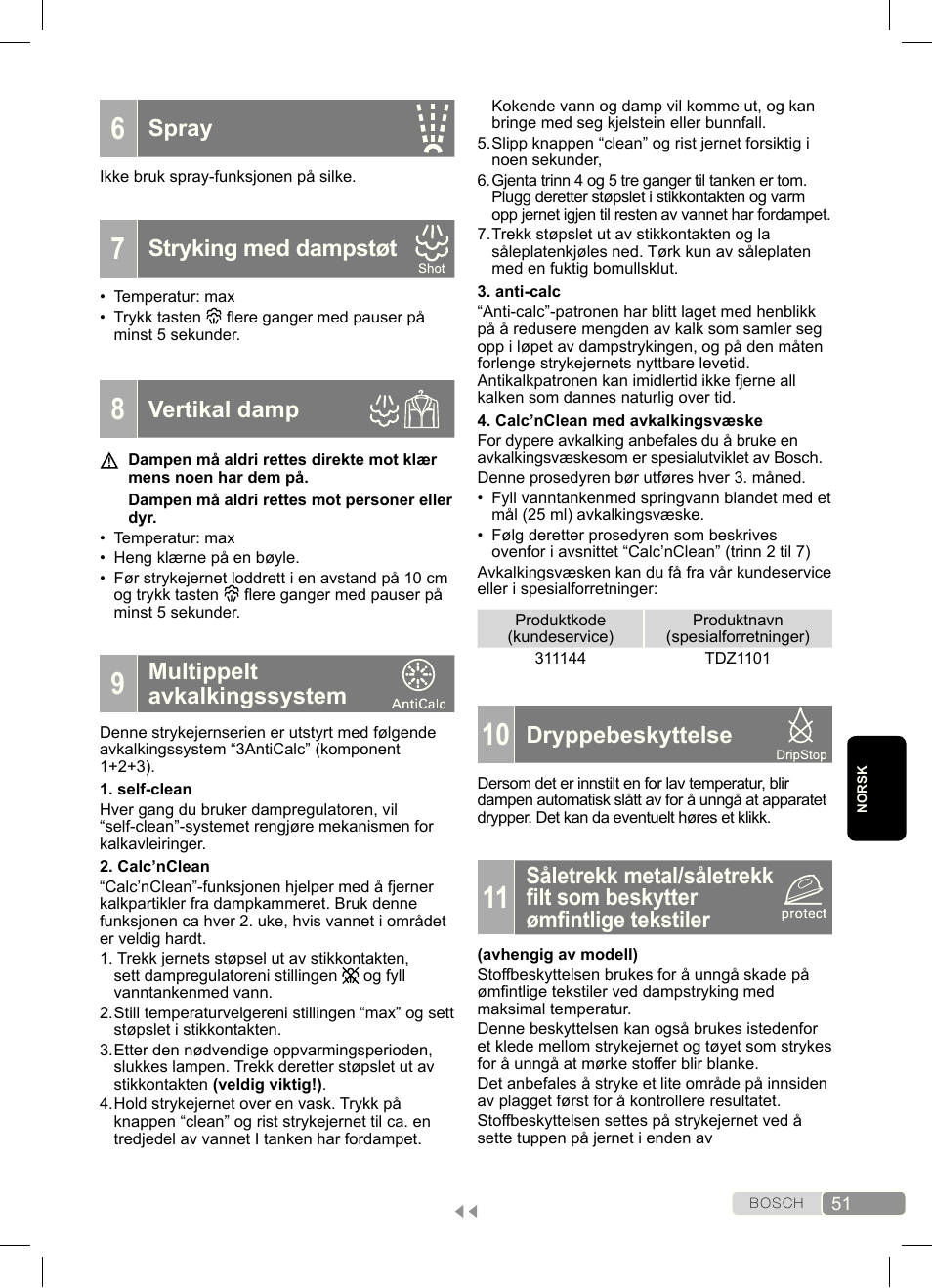 Dryppebeskyttelse, Spray, Stryking med dampstøt | Vertikal damp, Multippelt avkalkingssystem | Bosch Dampfbügeleisen Sensixx´x DA70 i-Temp TDA703021I anthrazit magic violet User Manual | Page 51 / 140