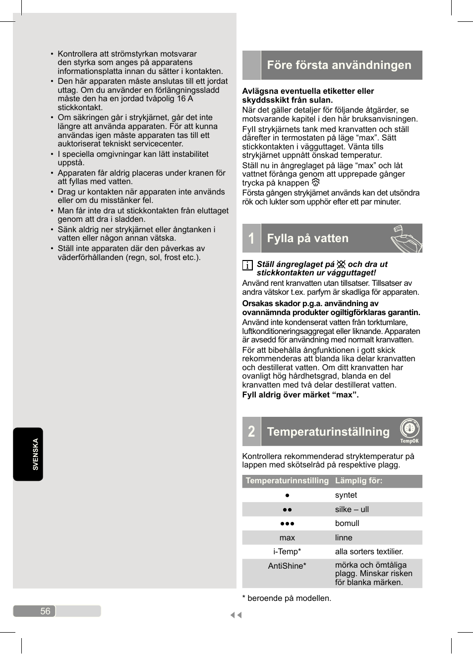 Före första användningen, Fyila på vatten, Temperaturinställning | Bosch Dampfbügeleisen Sensixx´x DA70 i-Temp TDA703021I anthrazit magic violet User Manual | Page 56 / 140