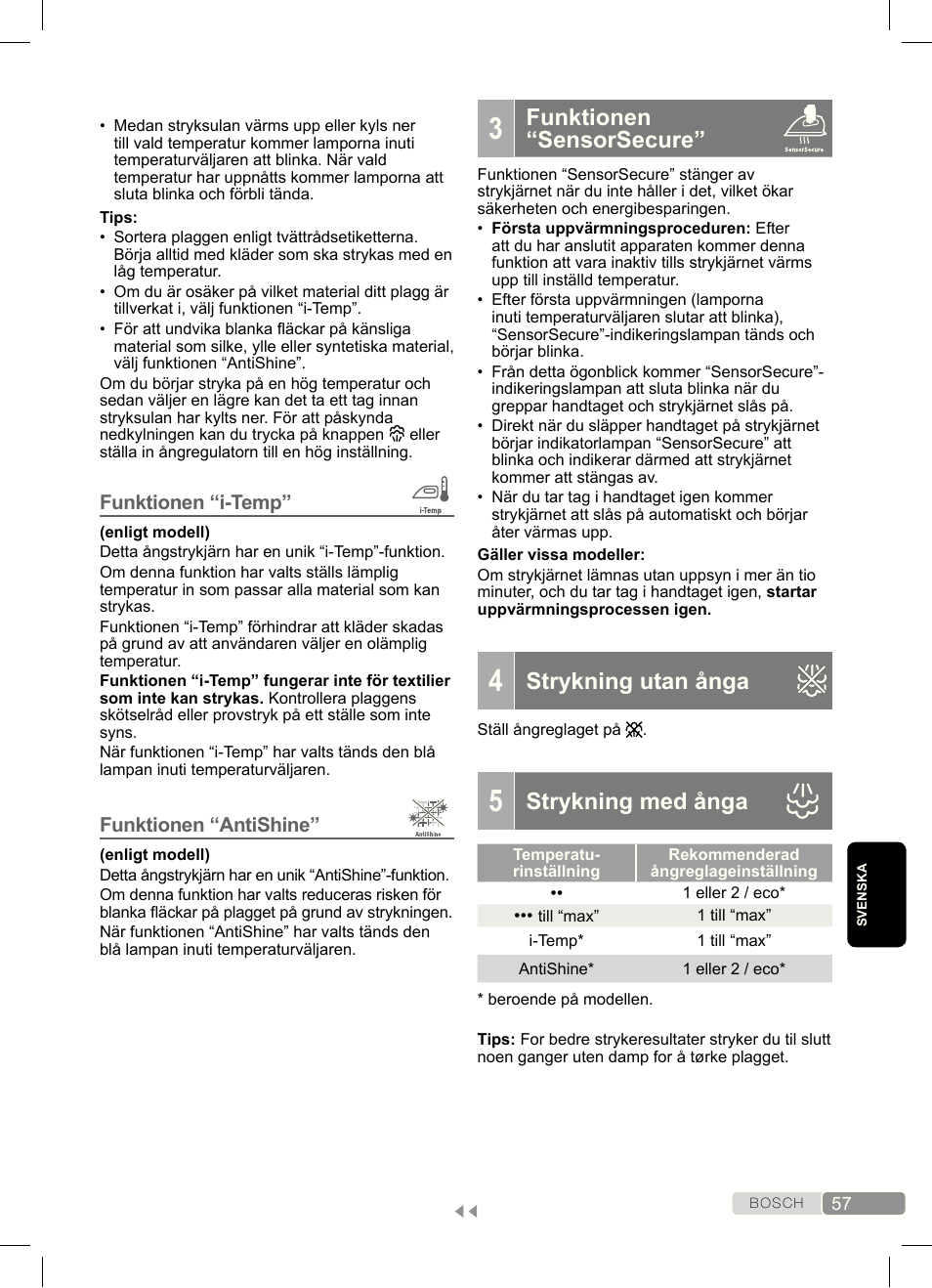 Funktionen “sensorsecure, Strykning utan ånga, Strykning med ånga | Bosch Dampfbügeleisen Sensixx´x DA70 i-Temp TDA703021I anthrazit magic violet User Manual | Page 57 / 140