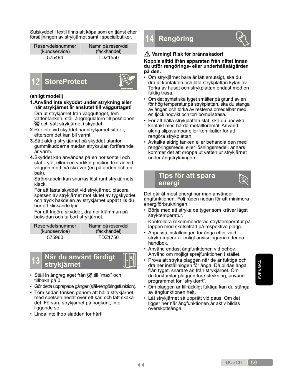 Storeprotect, När du använt färdigt strykjärnet, Rengöring | Tips för att spara energi | Bosch Dampfbügeleisen Sensixx´x DA70 i-Temp TDA703021I anthrazit magic violet User Manual | Page 59 / 140