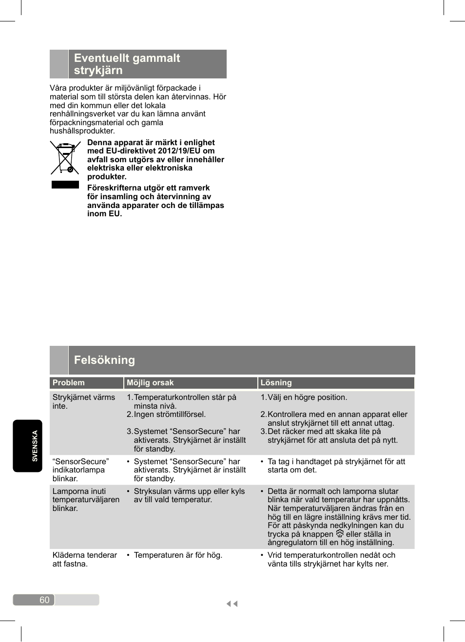 Felsökning, Eventuellt gammalt strykjärn | Bosch Dampfbügeleisen Sensixx´x DA70 i-Temp TDA703021I anthrazit magic violet User Manual | Page 60 / 140