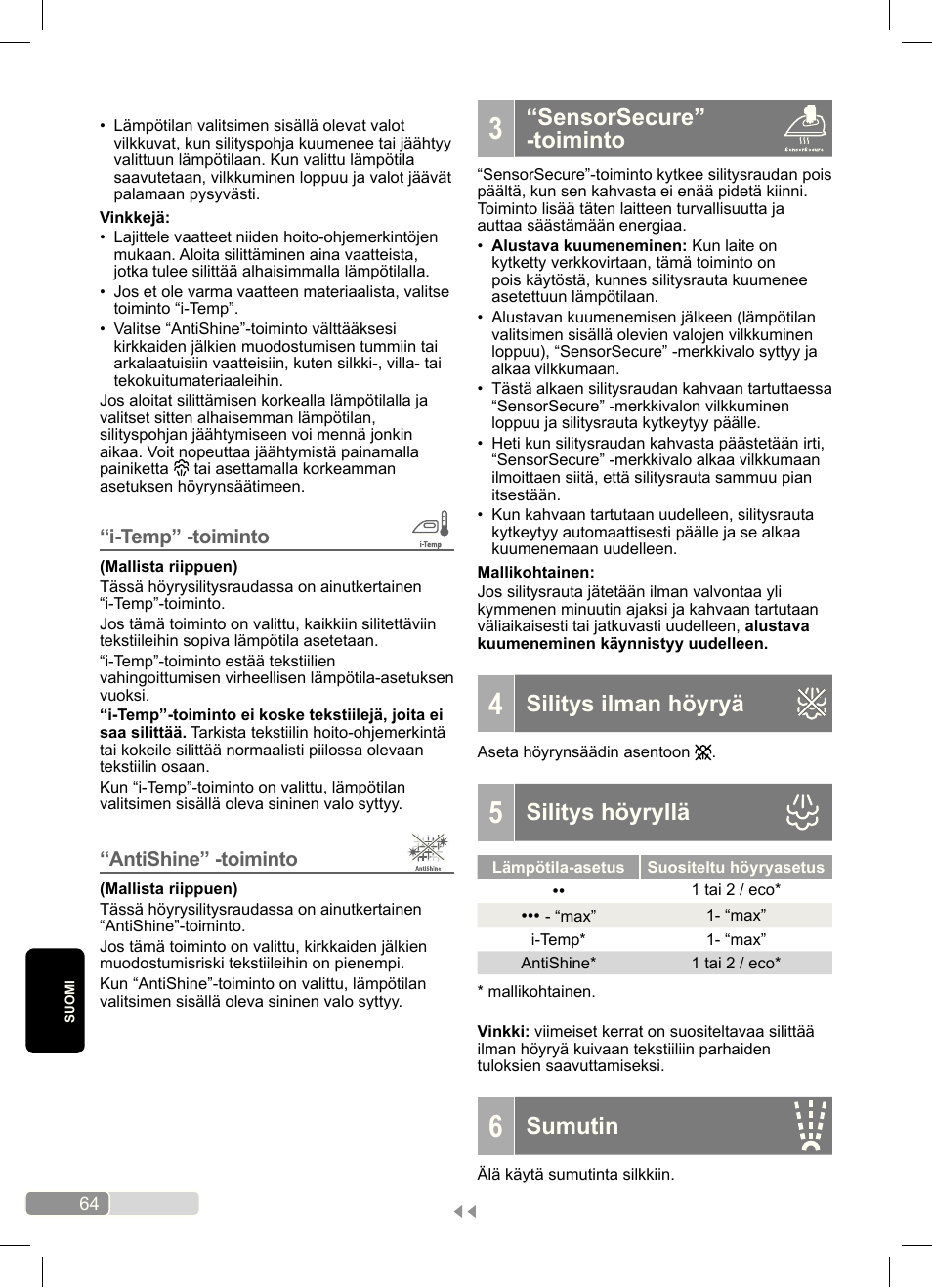 Sensorsecure” -toiminto, Silitys ilman höyryä, Silitys höyryllä | Sumutin | Bosch Dampfbügeleisen Sensixx´x DA70 i-Temp TDA703021I anthrazit magic violet User Manual | Page 64 / 140