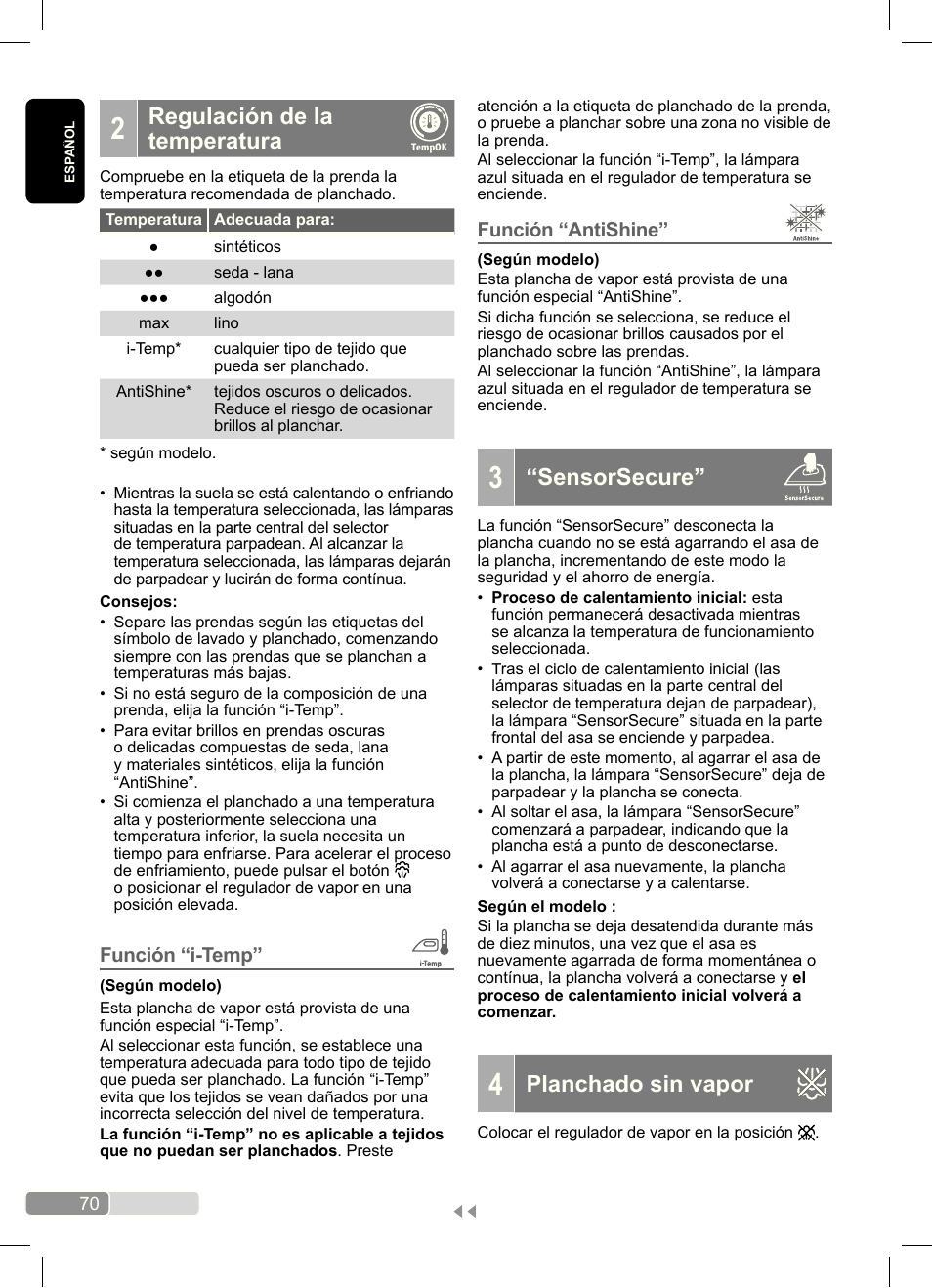 Sensorsecure, Planchado sin vapor, Regulación de la temperatura | Función “antishine, Función “i-temp | Bosch Dampfbügeleisen Sensixx´x DA70 i-Temp TDA703021I anthrazit magic violet User Manual | Page 70 / 140